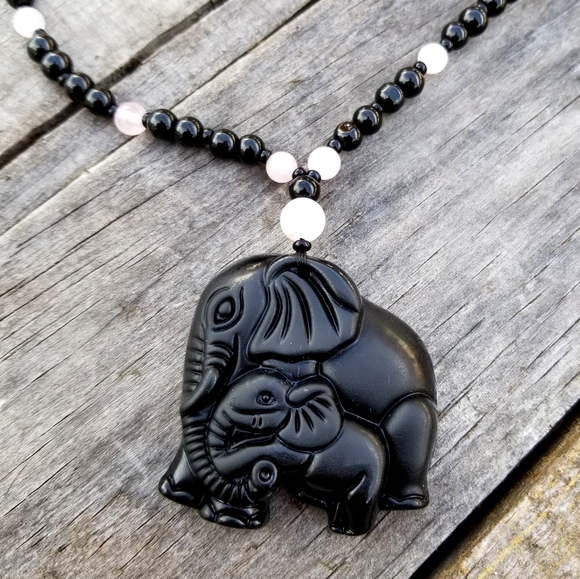 Large Black Obsidian Elephant Necklace Mom Baby Elephants Jewelry - Picture 7 of 7